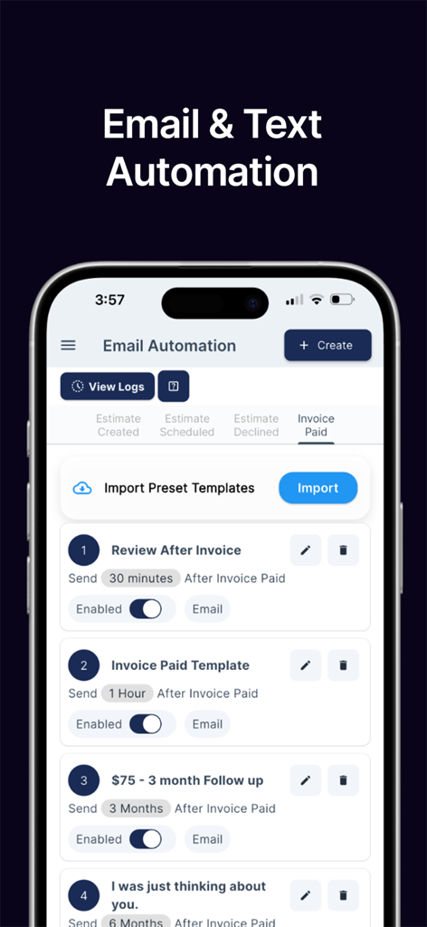 QuoteIQ app interface showing email and text automation settings for home service contractors