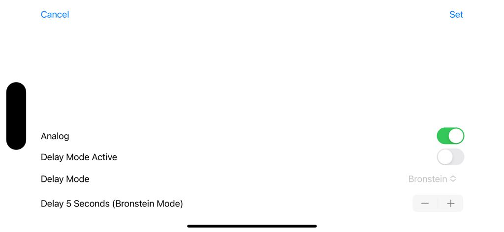 ChessClock - Settings screen of the ChessClock app showing options for analog mode and Bronstein delay settings