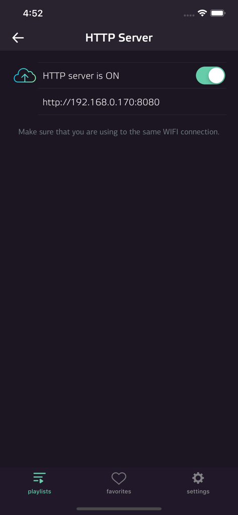 Wi-Fi経由でのプレイリスト転送用のローカルネットワークIPアドレスを示すMobdro IPTVアプリHTTPサーバー画面
