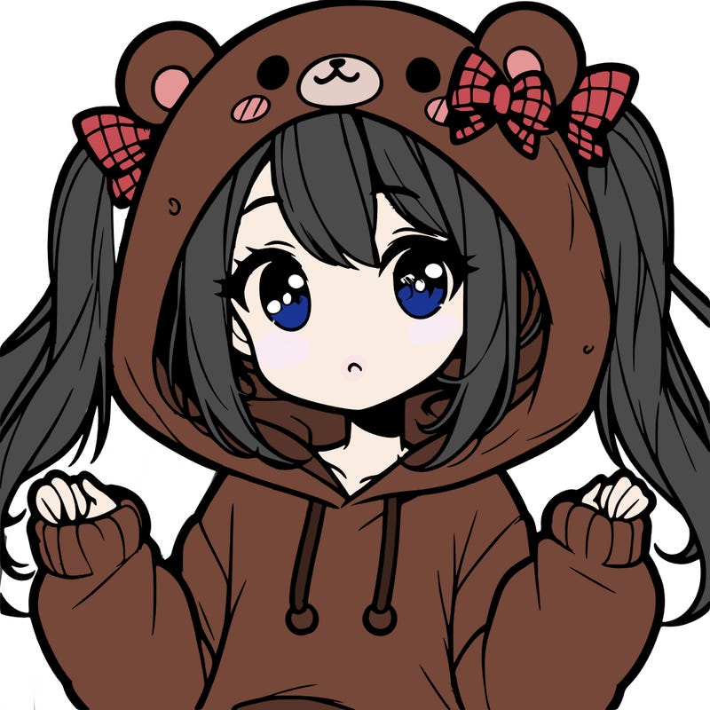 cute anime girl with ponytails and a cute bear hoodie