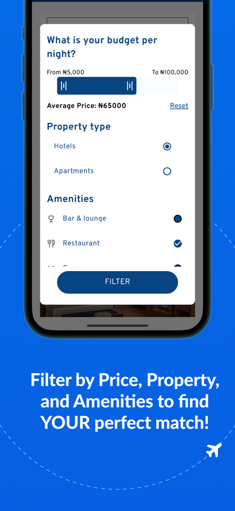 예산, 숙소 유형 및 편의 시설에 대한 호텔 검색 필터를 보여주는 Hotels.ng 앱 인터페이스