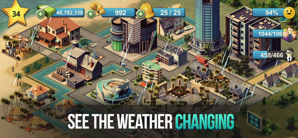 City Island 4 Simulation Town - Captura de pantalla del juego City Island 4 que muestra una ciudad costera con efectos climáticos de lluvia y edificios de gran altura