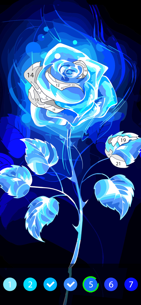 In-game screenshot of ColorPlanet Oil Painting showing a glowing blue rose being colored by number.
