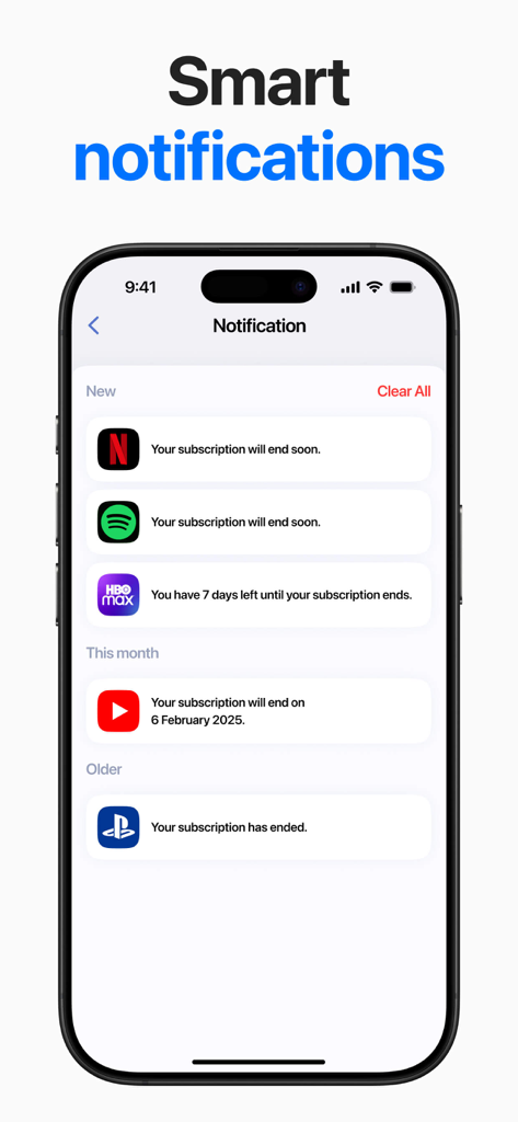 Mobile app screen showing smart notifications for upcoming subscription renewals and trial expiration alerts for various streaming services