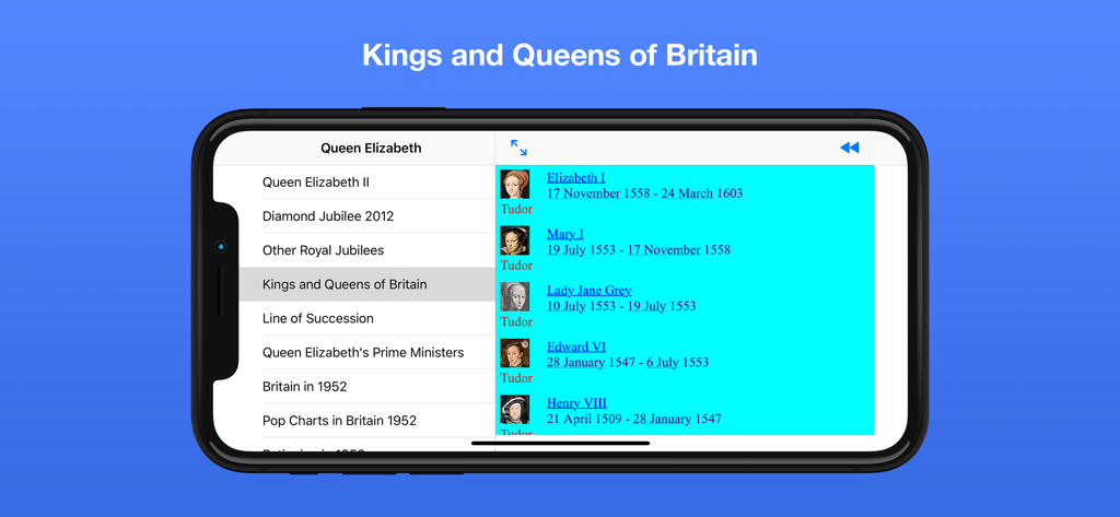 Queen Elizabeth II - Una pantalla que muestra una lista de monarcas británicos, incluyendo retratos y fechas de reinado, en la aplicación Reina Isabel II.