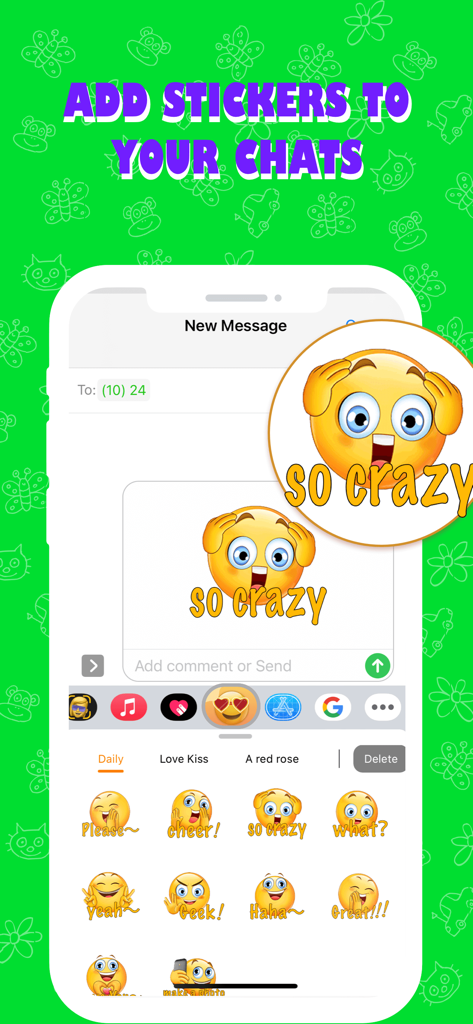 Magic Stickers & Emoji - Screenshot showing the Magic Stickers and Emoji app interface with various expressive stickers used in an iMessage chat