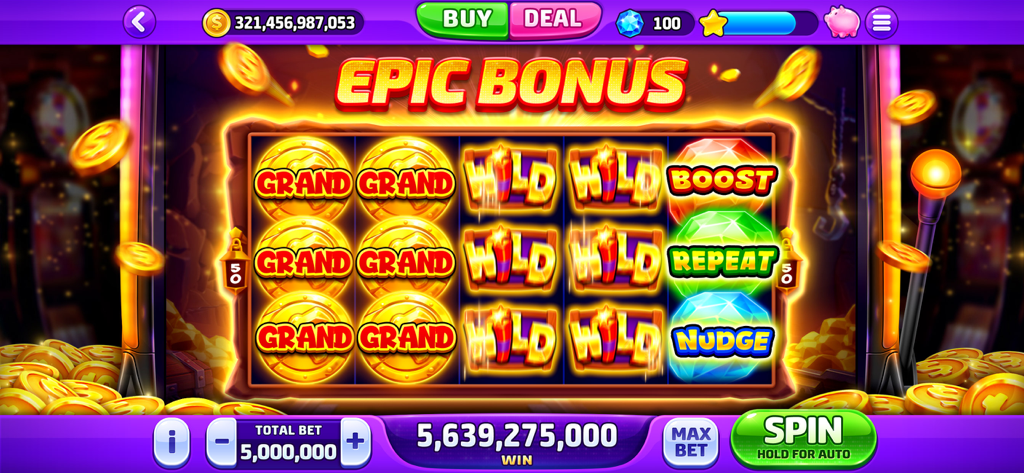 Schermata di bonus epico in Classic Vegas Casino Slots che mostra grandi vincite di monete e simboli jolly sui rulli