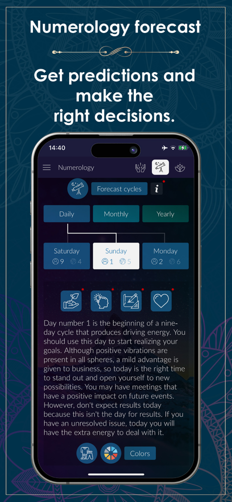 Numerology Rediscover Yourself - Pantalla de teléfono inteligente que muestra un pronóstico diario de numerología e información personal