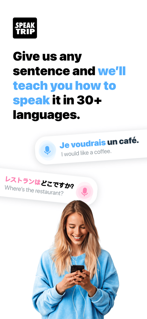 A woman using the SpeakTrip app to learn how to speak phrases in multiple languages