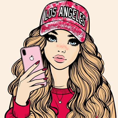 realistic beautiful girl wearing los ángeles cap holding an iphone
