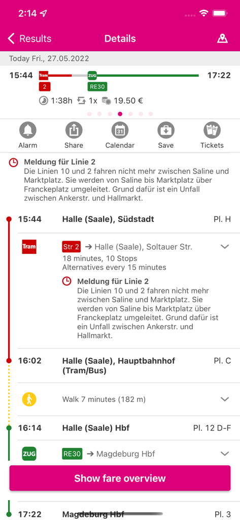 Detaillierte Informationen zur Route des öffentlichen Nahverkehrs in der INSA-App, die Verbindungen von Halle nach Magdeburg zeigen.