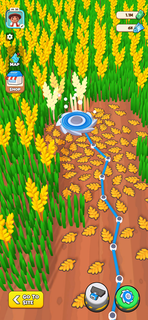 Farm Crusher - Idle Game - Spinning blade harvesting a wheat field in Farm Crusher idle game