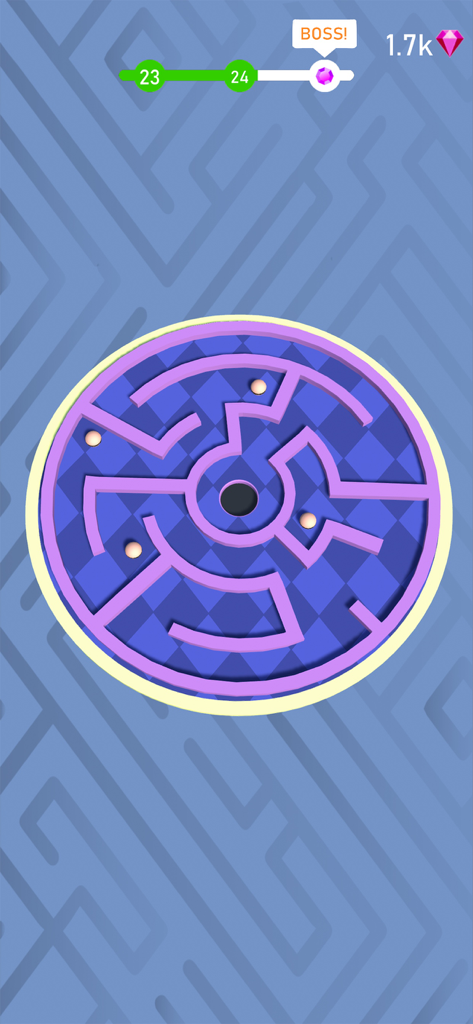 3D Maze: Tilt Puzzle Game - A circular 3D maze level with purple walls and silver balls in the 3D Maze Tilt Puzzle Game