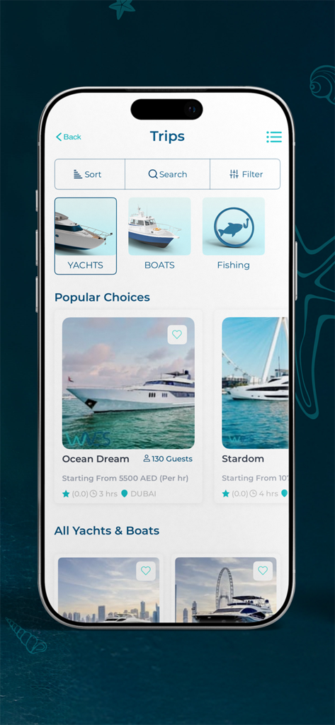 Waves: Stay, Sail & Ride - Écran de l'application mobile pour la réservation de yachts et de bateaux de luxe à Dubaï