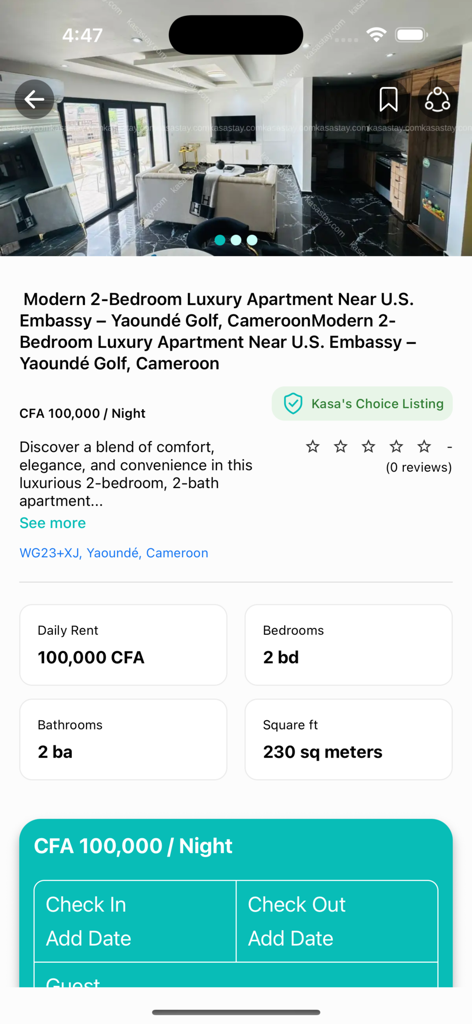 KasaStay - A listing for a luxury two-bedroom apartment in Yaounde on the KasaStay mobile app with price and booking details