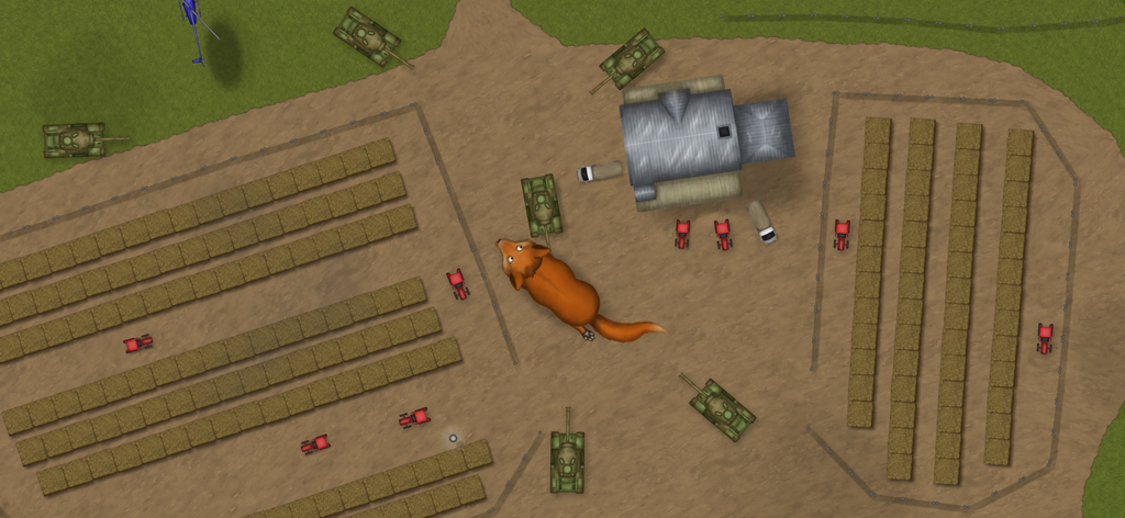 Un grande dingo circondato da carri armati militari e trattori in un livello di fattoria di Tasty Planet Forever