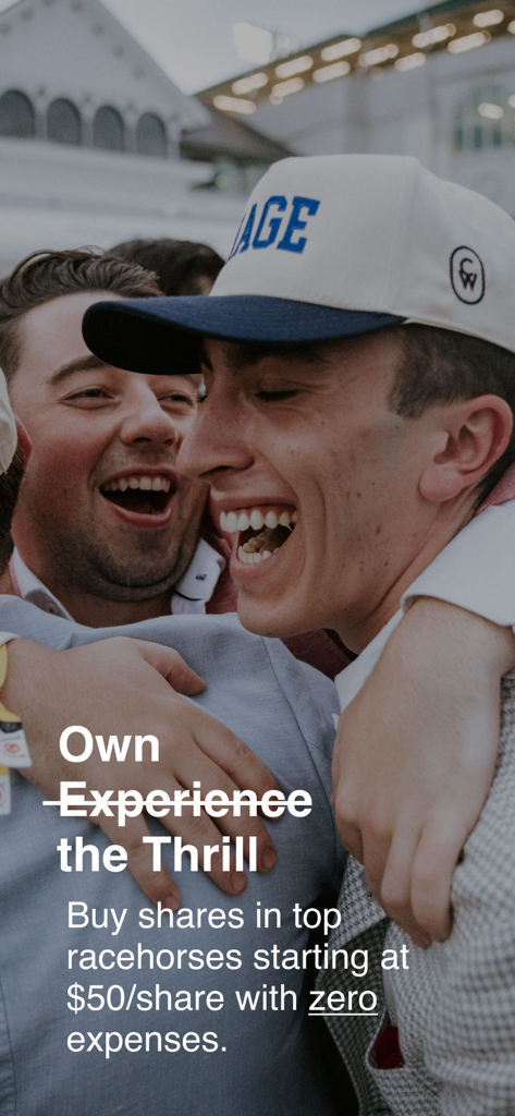 CMNWLTH - Two men celebrating at a horse race with text about buying racehorse shares for fifty dollars