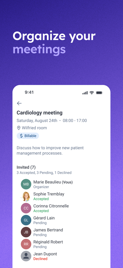 Petal Health - Petal Health Mobile App-Oberfläche mit Details zu einem Kardiologie-Meeting und einer Teilnehmerliste