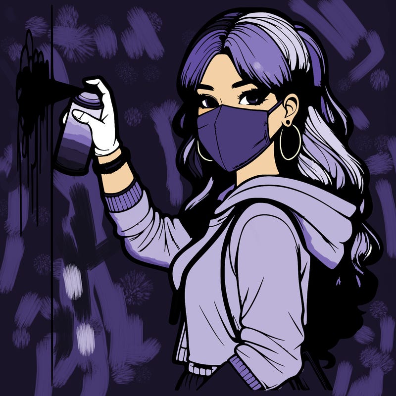 realistic girl with mask spray painting a wall