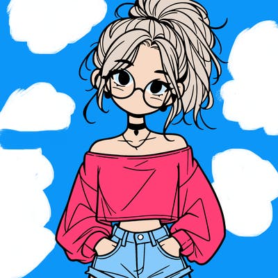 girl with a messy ponytail glasses a baggy crop top and jean shorts