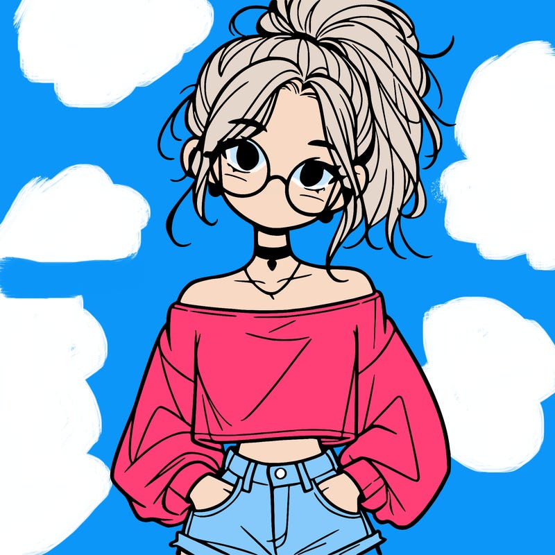 girl with a messy ponytail glasses a baggy crop top and jean shorts
