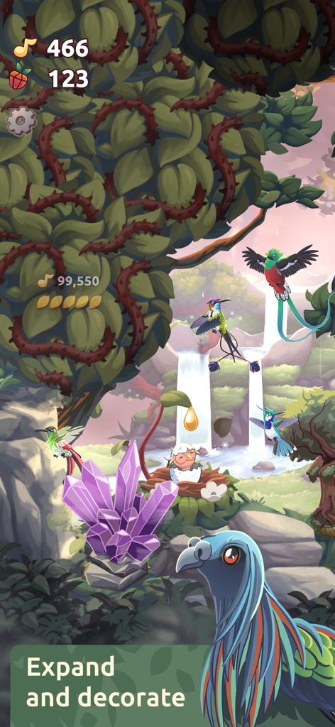 A magical forest sanctuary with exotic birds flying near a waterfall and purple crystals in Bird Kind