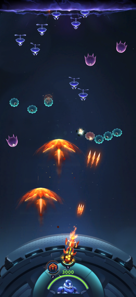 Space Outpost: Drone War - Jugabilidad vertical de Space Outpost Drone War mostrando una nave de guerra del jugador disparando a oleadas de drones enemigos descendentes en el espacio profundo