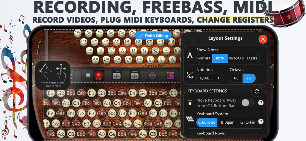 La app Acordeón Cromático de Botones mostrando la disposición del teclado y la configuración de grabación.