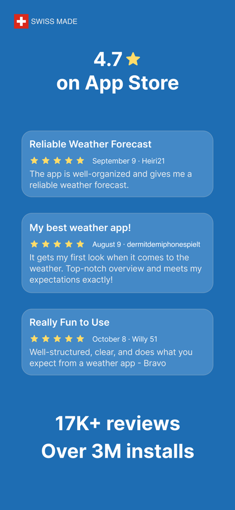 Meteoblue weather app store rating of 4.7 stars with over 3 million installs and positive user reviews