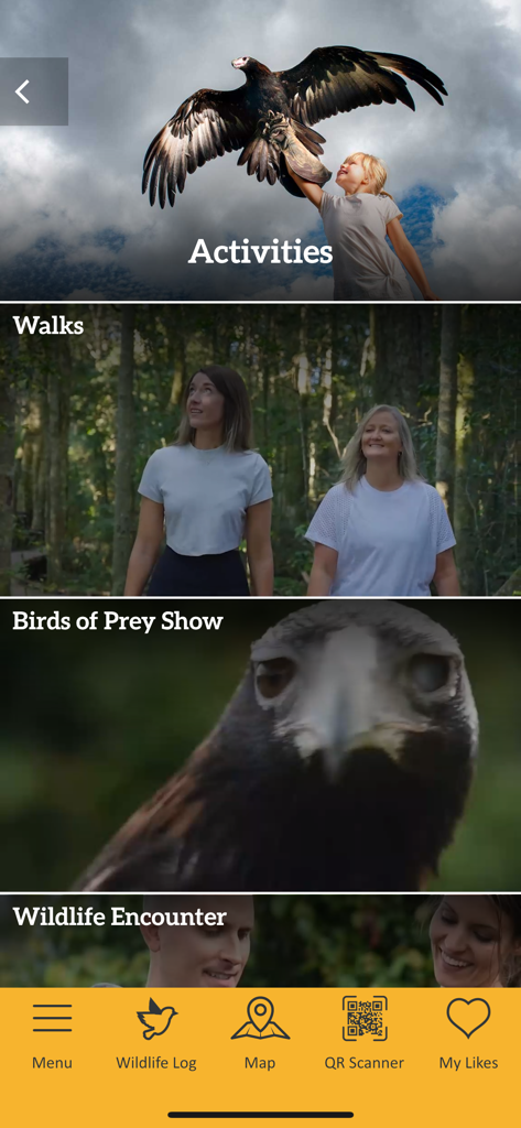 Activities menu in the O'Reilly's app featuring walks and wildlife encounters