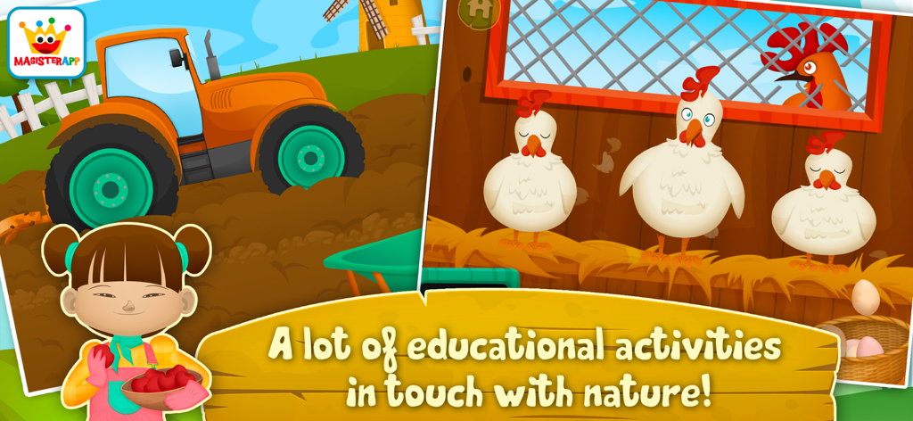 Farm Animal Games for Kids 2-5 - 果物を持った女の子、オレンジ色のトラクター、鶏小屋の鶏が表示されている農場知育ゲームのインターフェース。