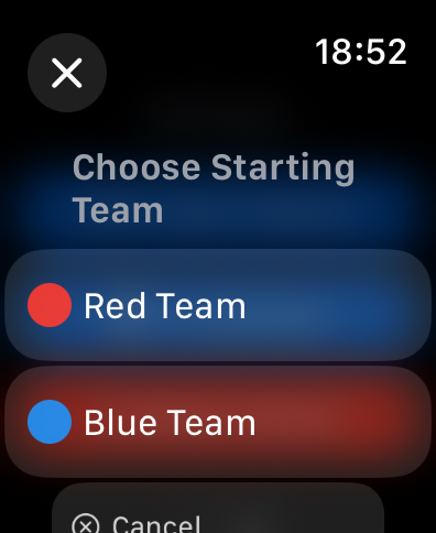 Pantalla de selección de equipo de Tennis Point en Apple Watch para elegir el equipo que empieza en rojo o azul