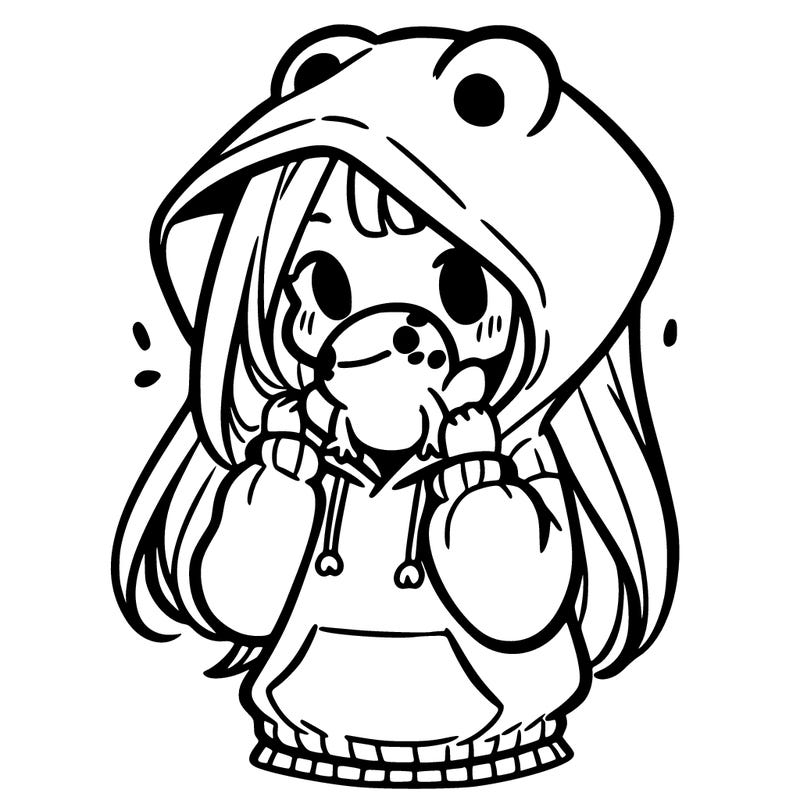 a girl holding a froggy hoodie