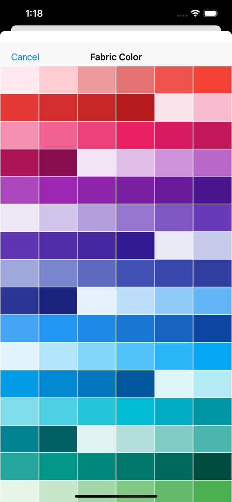 Stitch Viewer Pro - Color picker grid for selecting fabric background in Stitch Viewer Pro app.
