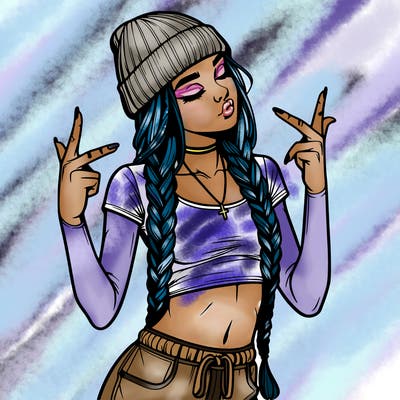 realistic teenage girl with braids and a beanie and crop top doing 🫶🏼