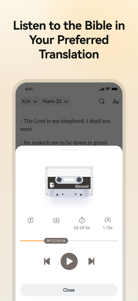 Interface of the Blessed app showing the audio Bible player with different translation options