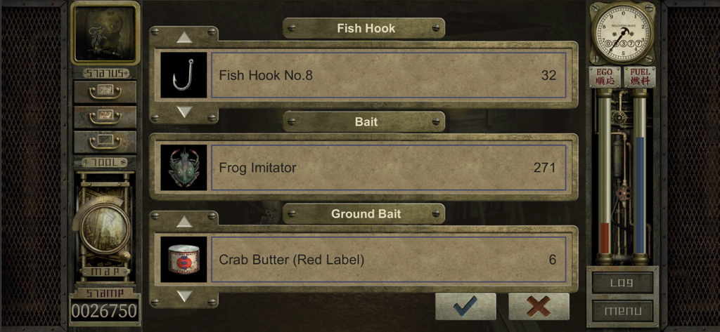 Garage: Bad Dream Adventure - Fishing menu interface in Garage Bad Dream Adventure showing hook bait and ground bait items