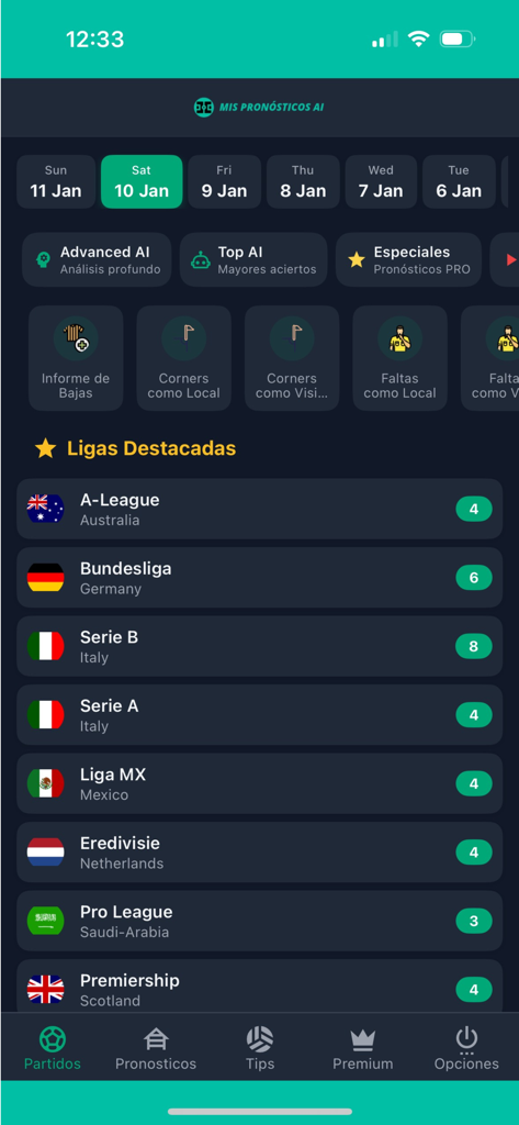 Panel de control de la aplicación Mis Pronosticos AI que muestra ligas de fútbol destacadas y categorías de predicción deportiva de IA