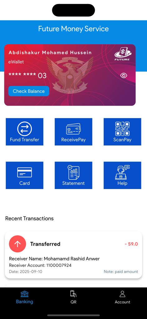 المستقبل للخدمات المالية - Future Money Service app dashboard with eWallet card and transaction history