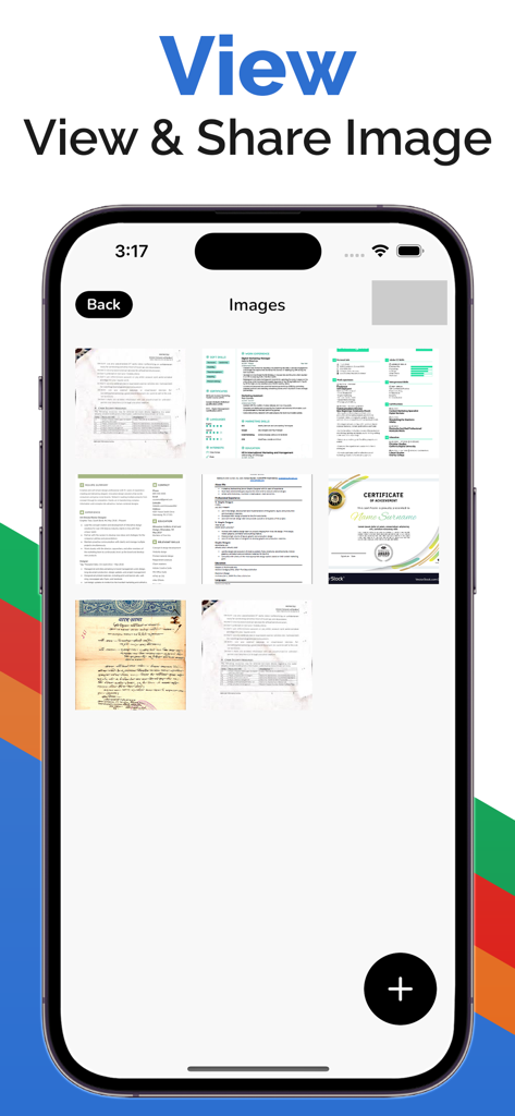 All Document Reader - Read PDF - Pantalla de aplicación móvil mostrando una cuadrícula de documentos escaneados e imágenes para ver y compartir