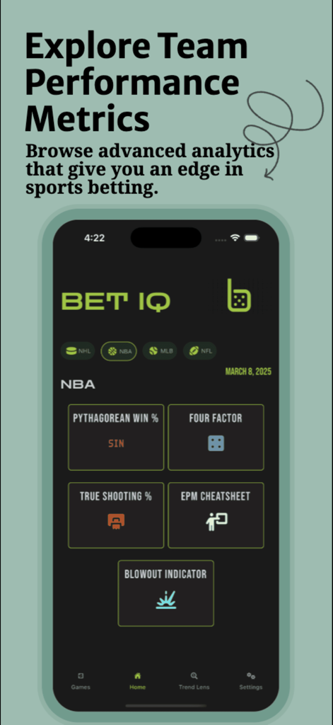 Bet IQ: Smarter Sports Betting - Bet IQ app dashboard displaying advanced NBA team performance metrics and analytics for sports betting