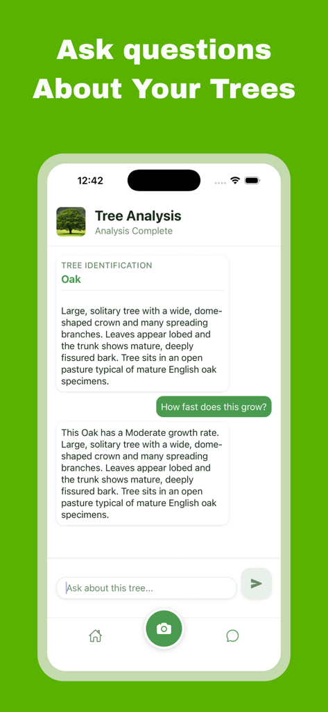 Tree Identifier: AI Scan - Una interfaz de aplicación móvil que muestra una conversación con un asistente de chat de IA sobre la tasa de crecimiento de un roble identificado.