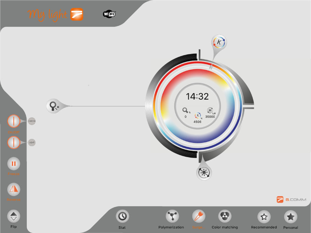 My light wifi - My light wifiアプリのインターフェース、歯科用ライトの強度と色温度コントロールを表示