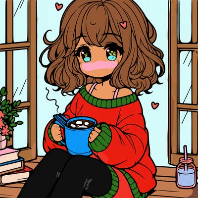 cute anime girl reading book and drinking hot chocolate from mug with loose wavy hair wearing a baggy sweatshirt and shorts sitting by windowsill looking out