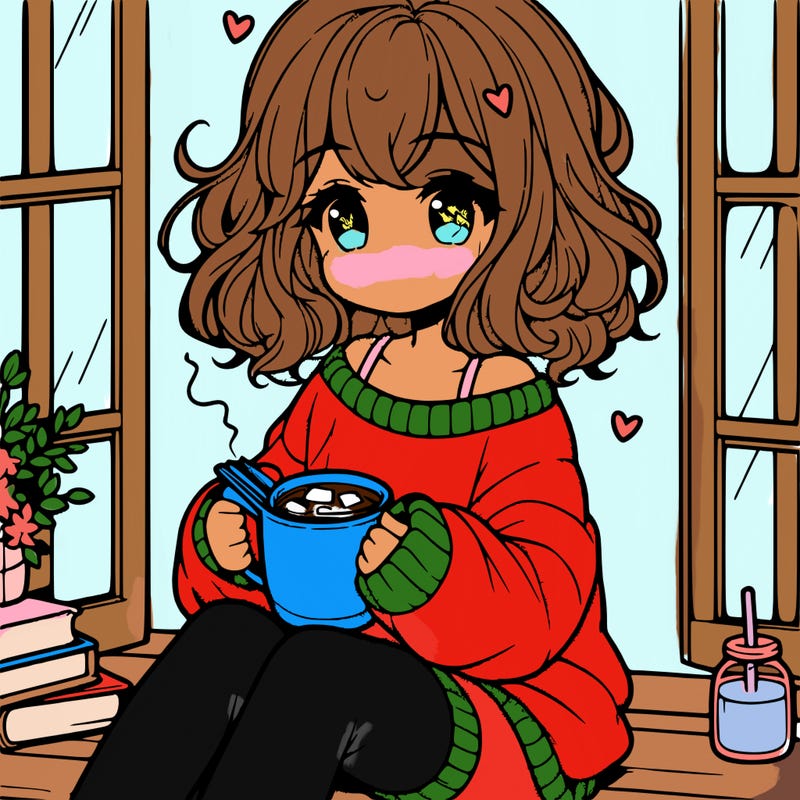 cute anime girl reading book and drinking hot chocolate from mug with loose wavy hair wearing a baggy sweatshirt and shorts sitting by windowsill looking out