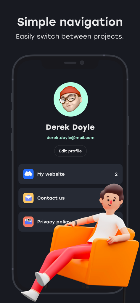 SE Ranking Pro - Schermata dell'app SE Ranking Pro che mostra il profilo utente e una semplice navigazione per passare tra i progetti SEO
