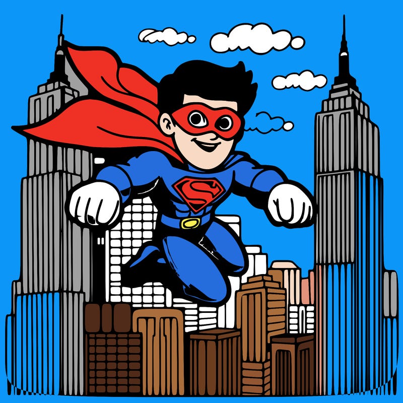 superhero flying with twin towers in the background