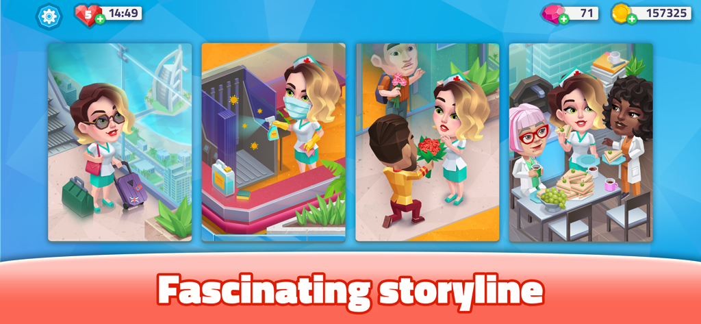 Four panels illustrating the life and dramatic story of the nurse protagonist in Happy Clinic Hospital Game