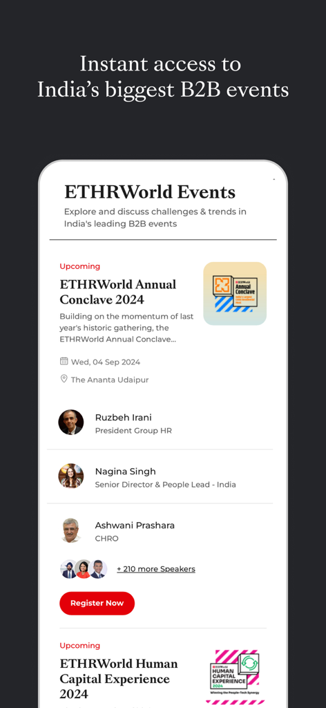 등록 옵션 및 연사 프로필과 함께 인도에서 예정된 B2B HR 이벤트 및 컨퍼런스를 보여주는 ETHRWorld 모바일 앱 화면
