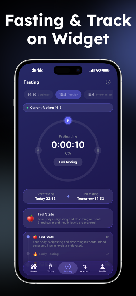 Intermittent fasting tracker screen with a timer and 16 8 plan selection
